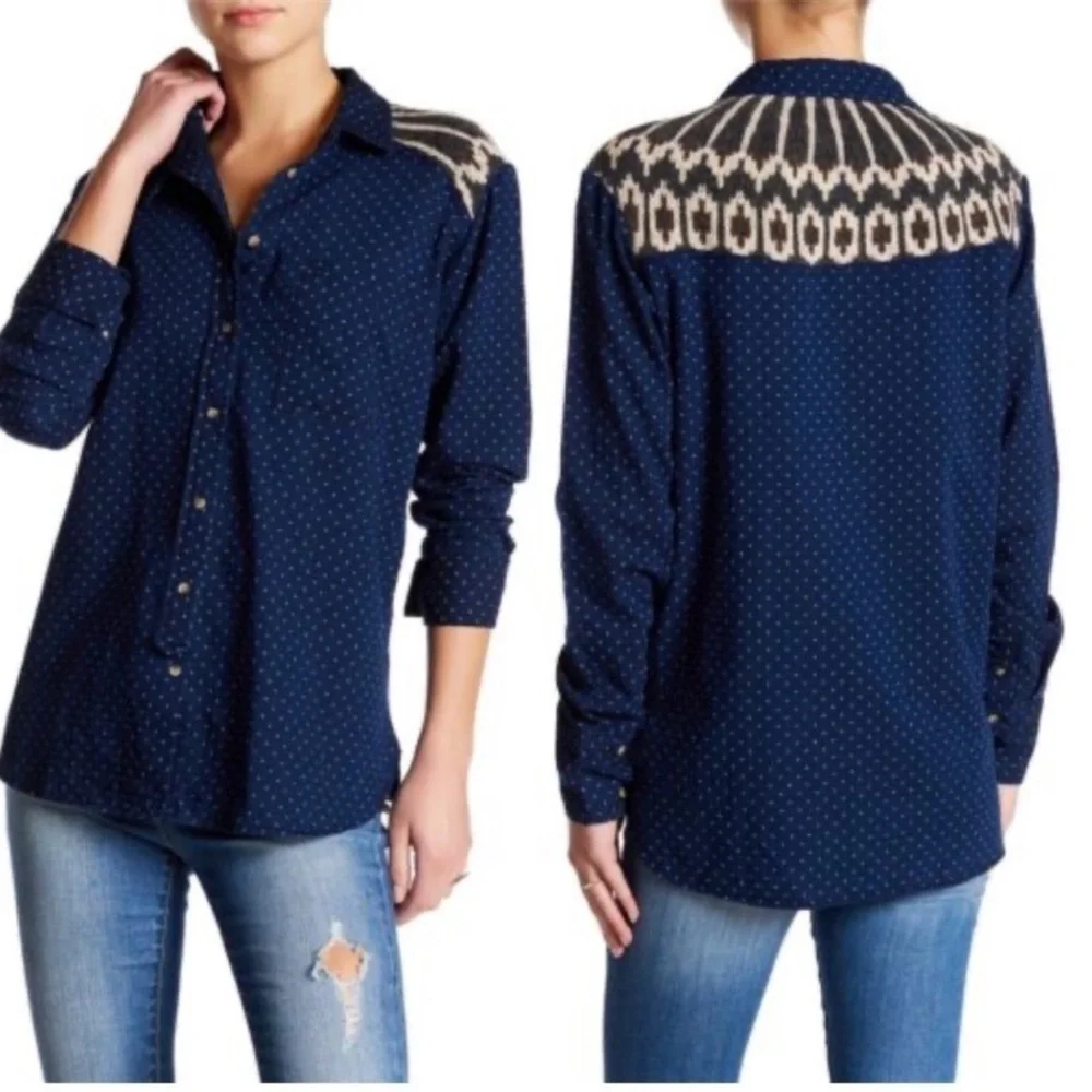 Free People Blue Polka Dot Wool Blend Buttoned Down Sweater Knit Inset Shirt.SzL - Picture 2 of 9